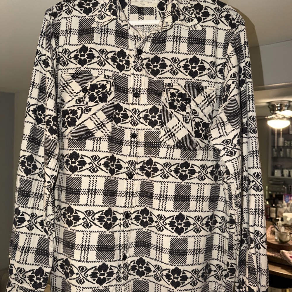 Denim & Supply Ralph Lauren Men’s Black and Cream Floral Patterned Shirt
